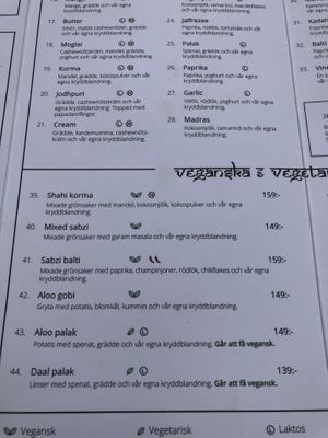 standard menu at Indiska Köket in Jonkoping