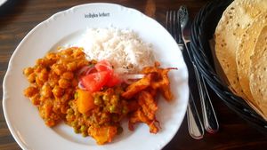 Mixed vegan plate from the lunch buffet at Indiska Köket in Jonkoping
