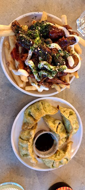 Squeaky bean hoisin fries and veg gyoza at YO! Sushi in Glasgow