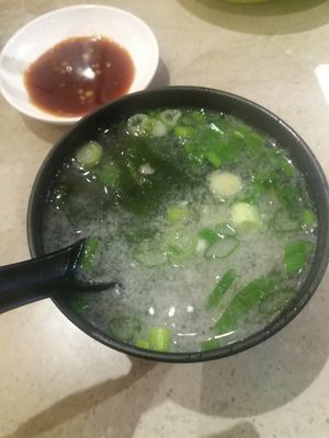 Miso soup at YO! Sushi in Glasgow
