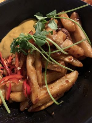 Korean style quorn pieces with chips, added side of curry saucee  at The Forty Foot in Dun Laoghaire