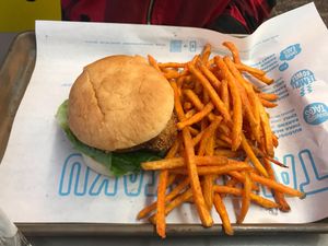 Vegan burger with sweet potato fries at Taku-Taku - Teatern in Stockholm