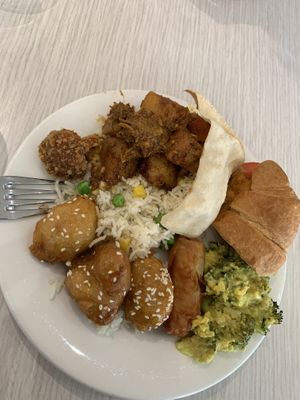Curry, cauliflower wings, fried rice, honey chickn, broccoli bake, croissant with tuna n mayo! (All from buffet) at Loving Hut in Northbridge