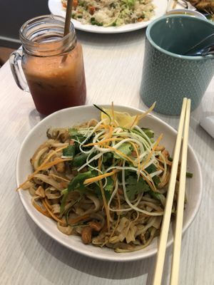 Pad thai and beer juice  at Loving Hut in Northbridge