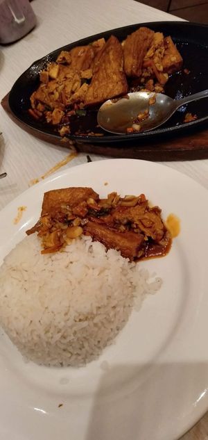 Sizzling tofu with coconut rice - yum yum! at Loving Hut in Northbridge