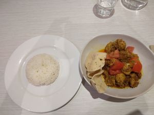 "Chicken" Kapitan curry - came with "prawn" crackers and a side of rice at Loving Hut in Northbridge