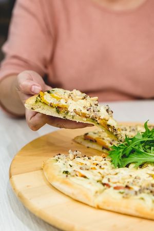 Peace’za Pizza. Available every night 
Handstretched pizza bases, gluten-free bases available  at Loving Hut in Northbridge