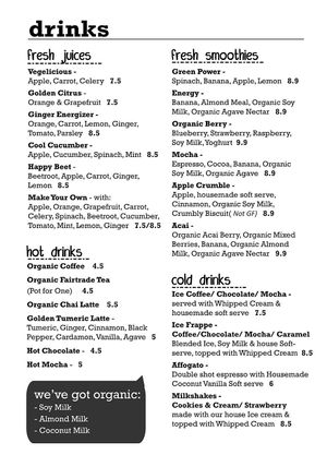 Drinks Menu at Loving Hut in Northbridge