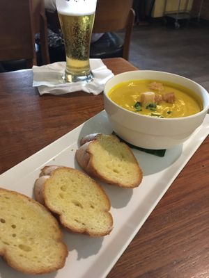 Pumpkin soup with sourdough bread.  at Khop Chai Deu in Vientiane