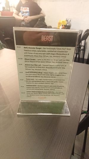 Menu at Beast Eatery in Dublin