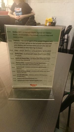 Menu at Beast Eatery in Dublin