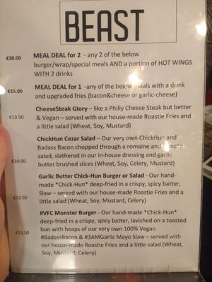 Menu at Beast Eatery in Dublin