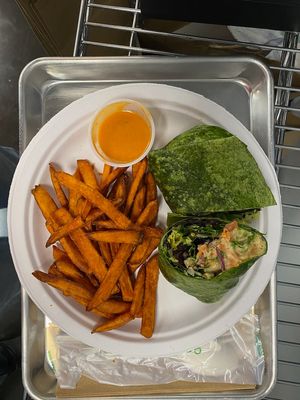 noChick Salad Wrap w/ sweet potato fries at Can't Believe It's Vegan  in Westerville