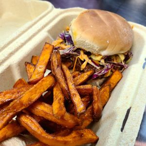 BBQ jackfruit sandwich w/ sweet potato fries at Can't Believe It's Vegan  in Westerville