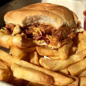 BBQ Jackfruit & Golden Fry platter from Vegan Burger Week. at Can't Believe It's Vegan  in Westerville