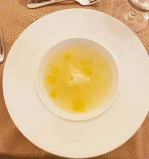 Chilled tomato soup with vegan ricotta at Bristol Lounge in Vienna