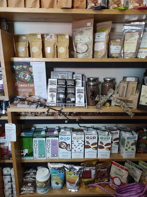 Plant milks, chocolates and plant flour at Xiguela Tienda de Productos Organicos in Oaxaca