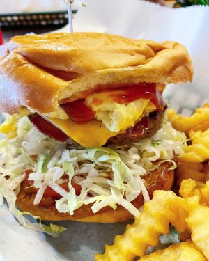 Bacon egg cheese burger and fries  at Vegans Are Us in Vineland