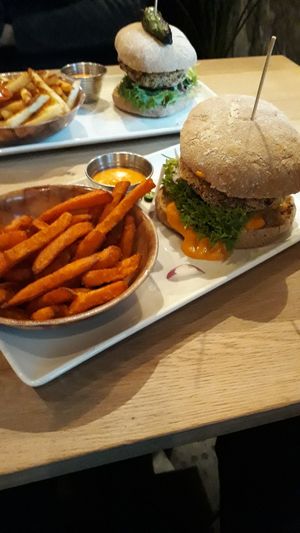 Vegan burger with sweet potatoe fries and vegan mayonnaise at Graffi Grill in Tromsoe