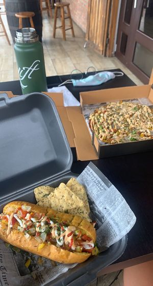 Vegan carrot hot dog & yuca pizza + protein !   at Life Garden in Aguada