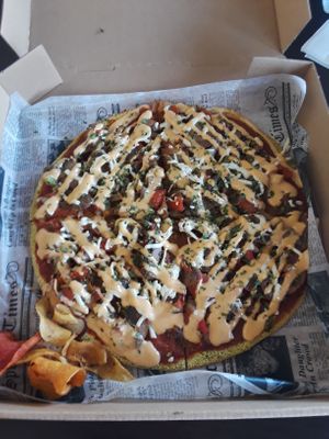 One of the best pizzas I've ever eaten, incredible flavor!! at Life Garden in Aguada