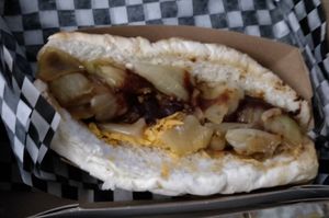 Vegan hot dog with beyond meat sausage at Dirty Dogs in Montreal