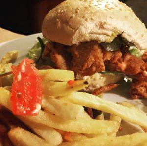 Fries and KFT burger (tofu) at GG Bistro in Christchurch
