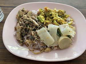 3 choices from the buffet with rice, 40 baht  at Jay Im Buun in Loei