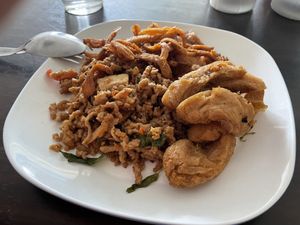 Three choices from the buffet, 40 baht. I came a little too late and they’d run out of rice, but it was still good without it.  at Jay Im Buun in Loei