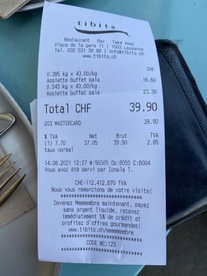 Receipt  at Tibits in Lausanne