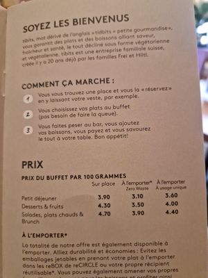 Prices per 100g grammes (dated: 30th of March 2024) at Tibits in Lausanne