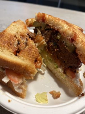 Vegan “steak” toastie with lettuce, tomato, coleslaw and mustard  at Pretend in Dublin