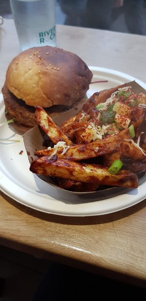 Loaded chips with wings sauce and the veginity burget at Pretend in Dublin