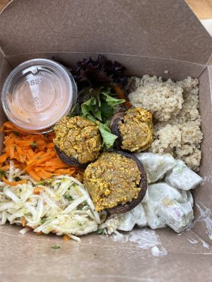 Cashew cheese stuffed mushrooms, stir fried quinoa, salad, potato salad  at Speedy Redemption in St Thomas