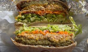 Lentil Burger with added cheese and plantains. EXTREMELY DELICIOUS!!!  at Speedy Redemption in St Thomas