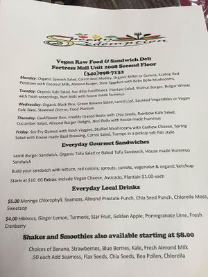 Menu at Speedy Redemption in St Thomas