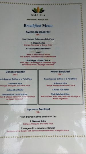 Breakfast menu at Sala Bua in Phuket