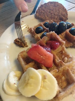 Vegan Waffle with Berries and Vegan Sausage at Macy's European Coffeehouse in Flagstaff