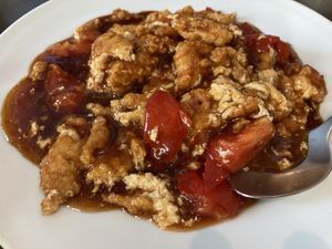 Tomato with scrambled “egg” (番茄炒旦) at Qǐ Ruò Yǎ in Taichung