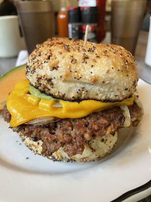 Breakfast burger on bagel   at Porch & Pantry in Mt Gretna