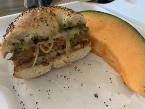 vegan breakfast burger on an everything bagel at Porch & Pantry in Mt Gretna