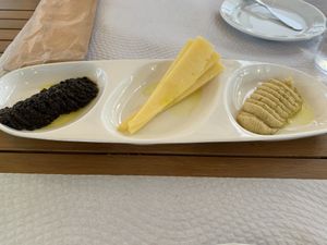 Olive pate, cheese, and hummus at Fabulas in Lisbon