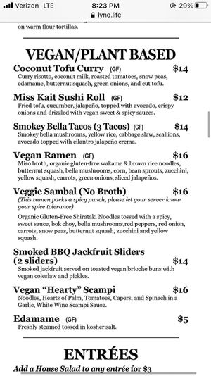 Menu March 2021 at LYNQ in Fort Myers