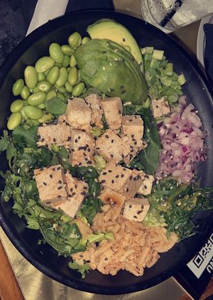 Tofu poke bowl, vegan sauce, choose greens or rice, this is greens at LYNQ in Fort Myers