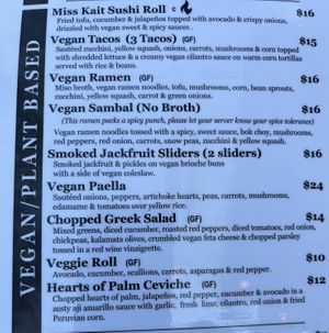 Vegan menu section  at LYNQ in Fort Myers