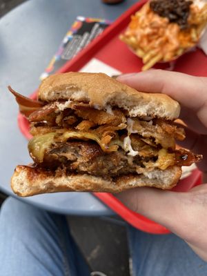 Smoky Carolina BBQ burger (with  added bacon)  at Halo Burger in South West London