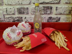 Halo burger and Cheeseburger with pink salt fries at Halo Burger in South West London