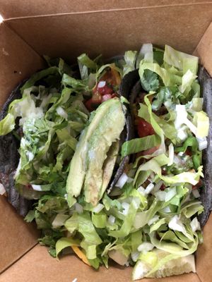 Trio of Vegan Tacos (Rajás, Tempeh, ground beef)  at Los Compadres in Fort Lee