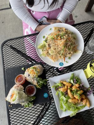 Filipino plate, spring rolls, and shrimp appetizer  at Vegan Plate in Roseville