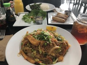 Pancit, lumpia, and green beans and rice plate at Vegan Plate in Roseville
